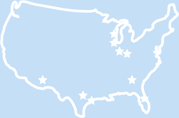 Map with Atlanta, Austin, Chicago, Cincinnati, Houston IAH, Houston HOU, Indianapolis, Milwaukee, Orlando and Tucson